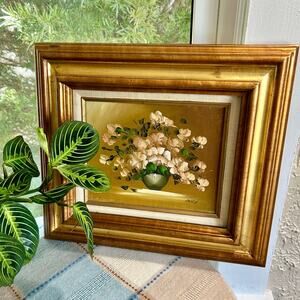 Vintage Framed Floral Oil Painting Signed Kelly, Gold Wood Frame, Floral Artwork